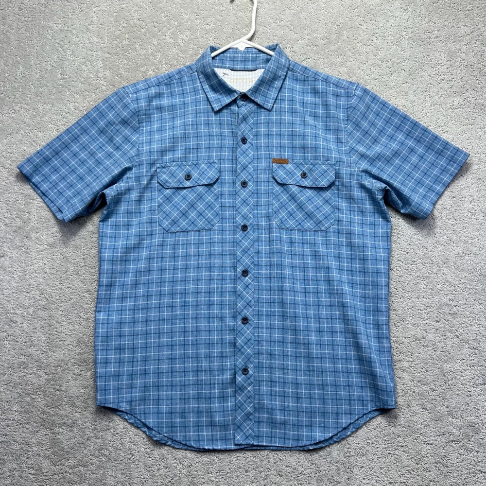 Orvis Shirt Mens Medium Blue Plaid Short Sleeve Button Up Utility Lightweight